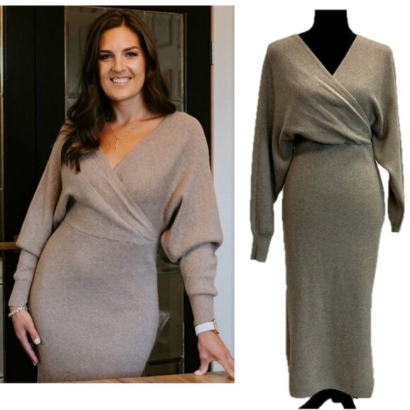 Dreamers beige knit wrap V-neck long sleeve bodycon midi sweater dress XL NWOT - Picture 1 of 12